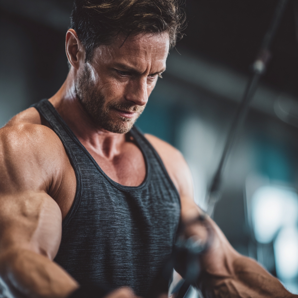 Strong confident man training with focus and determination in modern gym